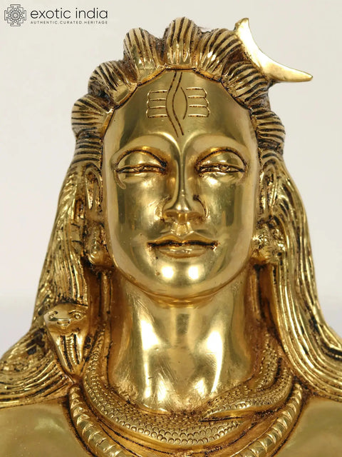 8" Brass Adiyogi Shiva Bust on Wood Base