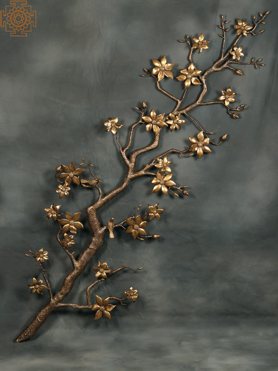 92" Large Brass Tree Branch with Flowers and Birds Wall Hanging