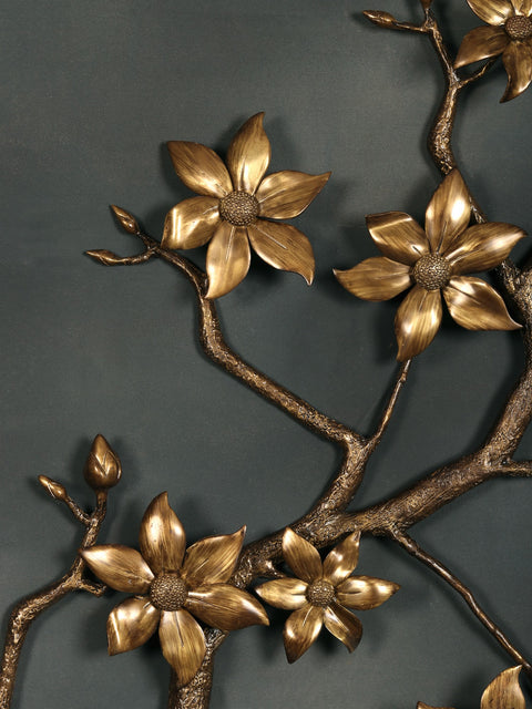92" Super Large Brass Tree Branch with Flowers, Buds and Birds | Wall Decor