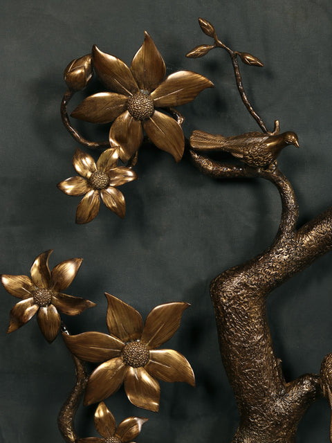 92" Super Large Brass Tree Branch with Flowers, Buds and Birds | Wall Decor