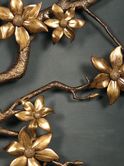 92" Super Large Brass Tree Branch with Flowers, Buds and Birds | Wall Decor
