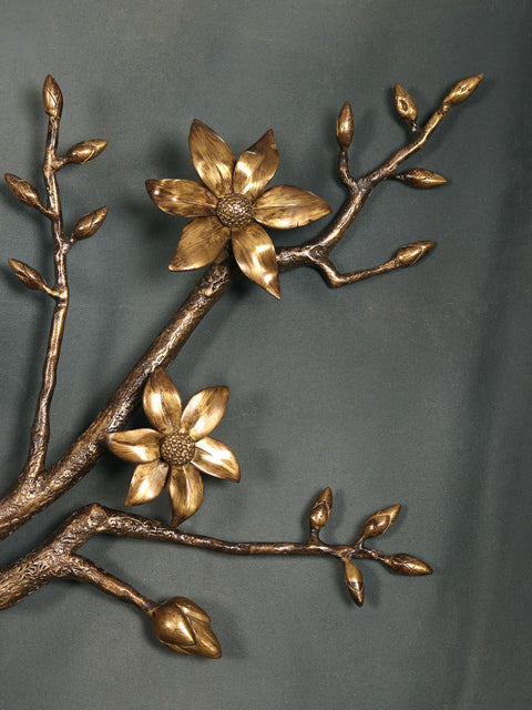 92" Super Large Brass Tree Branch with Flowers, Buds and Birds | Wall Decor