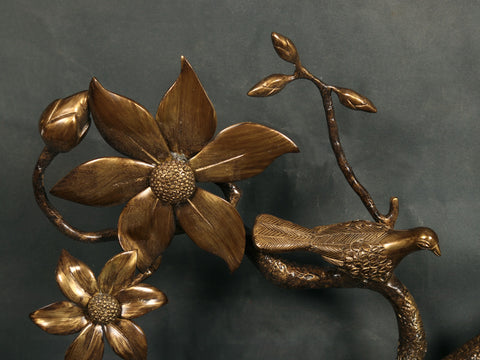 92" Super Large Brass Tree Branch with Flowers, Buds and Birds | Wall Decor