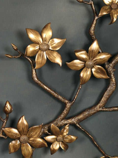 92" Super Large Brass Tree Branch with Flowers, Buds and Birds | Wall Decor