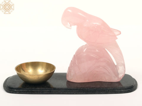 6" Rose Quartz Gemstone Parrot on Marble Base with Brass Bowl
