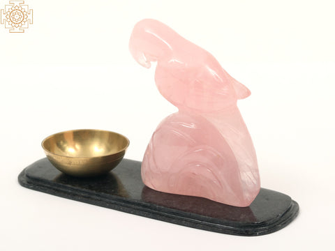 6" Rose Quartz Gemstone Parrot on Marble Base with Brass Bowl