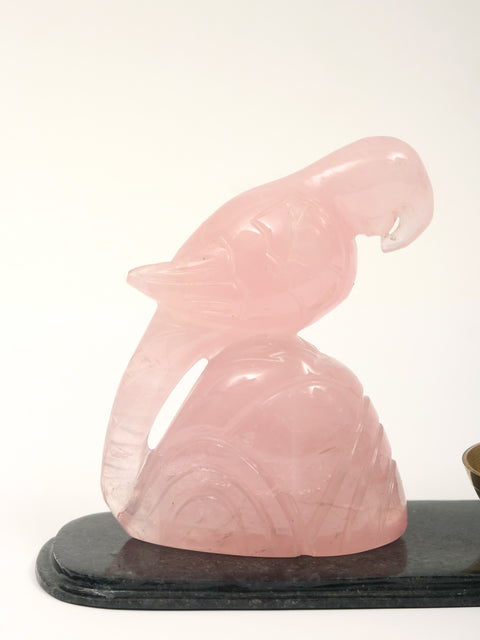 6" Rose Quartz Gemstone Parrot on Marble Base with Brass Bowl