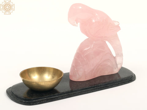 6" Rose Quartz Gemstone Parrot on Marble Base with Brass Bowl