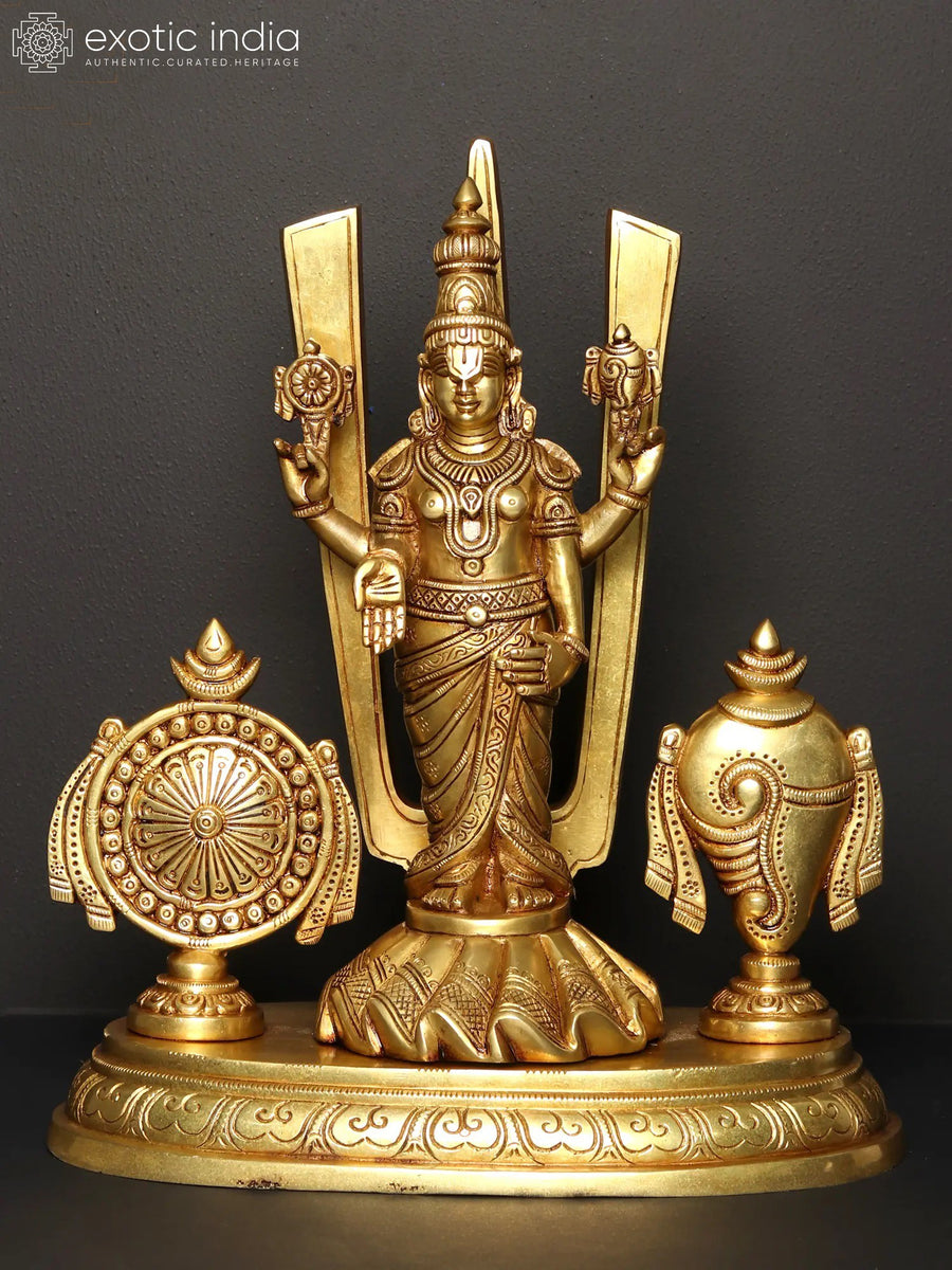 14" Standing Tirupati Balaji Brass Statue with Vaishnava Symbols