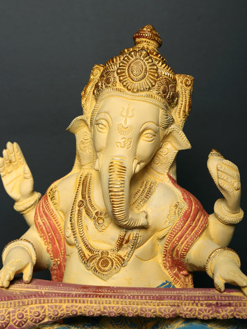 11" Brass Lord Ganesha Statue Playing Veena