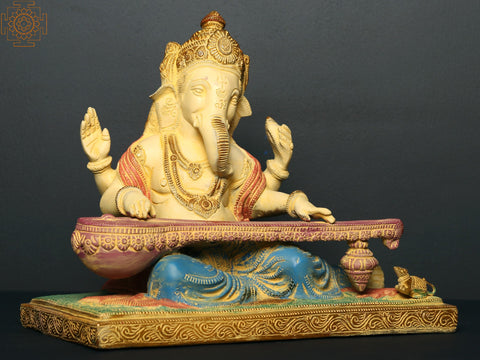 11" Brass Lord Ganesha Statue Playing Veena