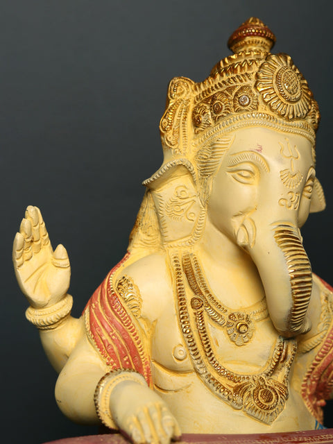 11" Brass Lord Ganesha Statue Playing Veena