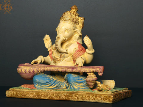 11" Brass Lord Ganesha Statue Playing Veena