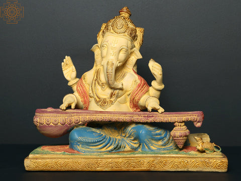 11" Brass Lord Ganesha Statue Playing Veena