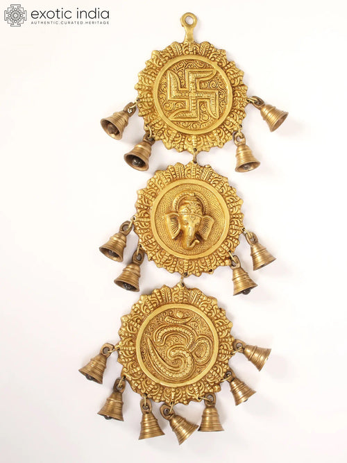 20" Brass Ganesha Wall Hanging With Bells for Pooja