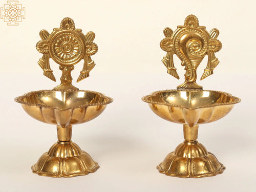 3" Shankh Chakra Brass Oil Lamp Pair for Pooja