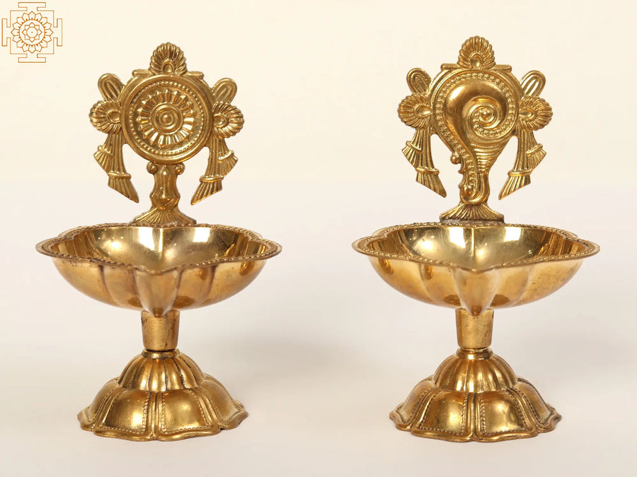3" Shankh Chakra Brass Oil Lamp Pair for Pooja