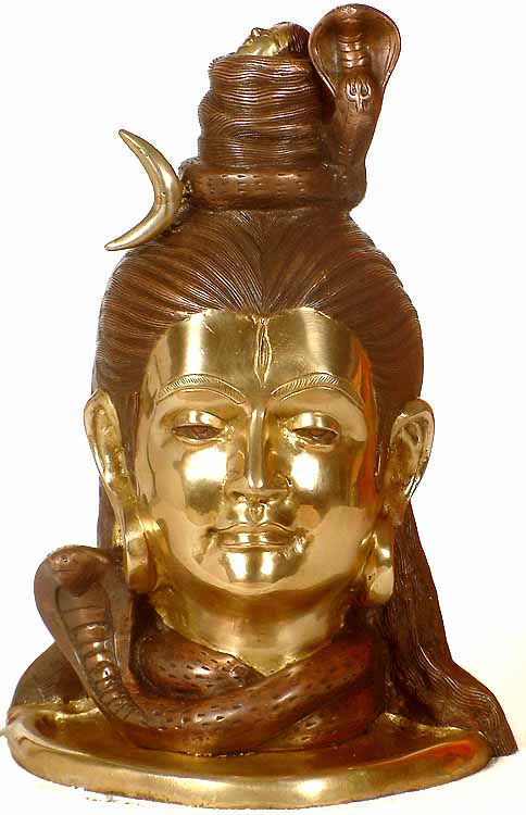 15" Lord Shiva Head with Crescent Moon Brass Statue Handmade