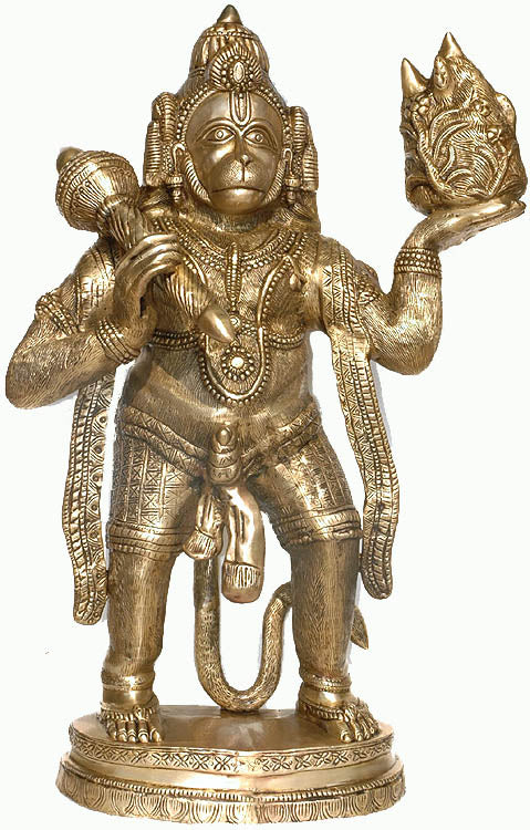 34" Large Hanuman Brass Idol Carrying Mountain Drone | Handmade Religious Figurine