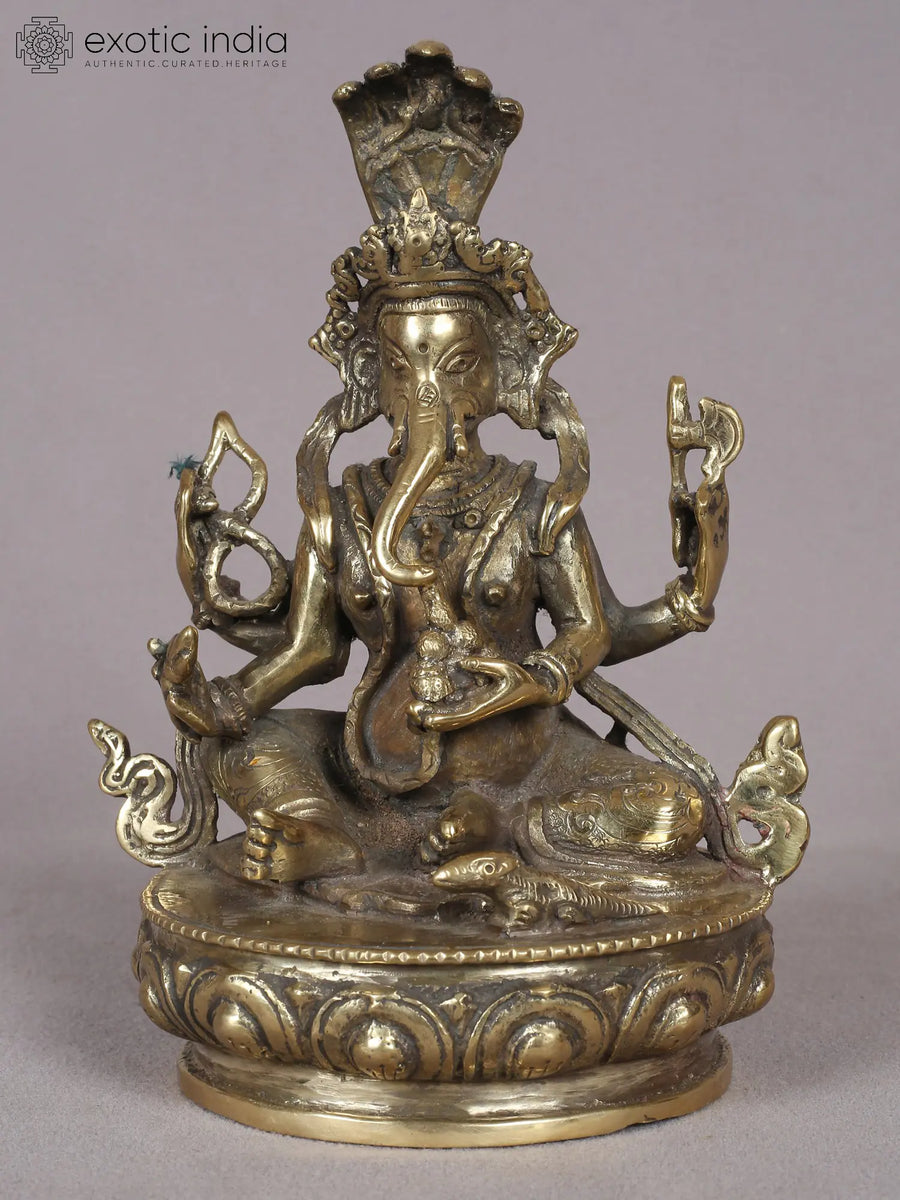 7" Four-Armed Sitting Ganesha Brass Statue Handmade
