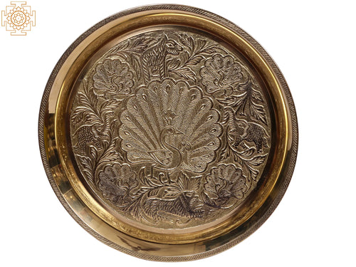 9" Brass Peacock Design Plate for Home Decor