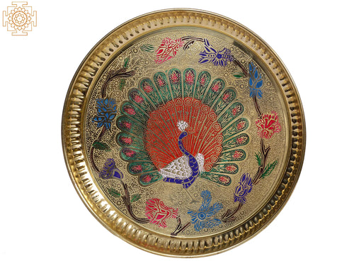 9" Colorful Peacock Design Brass Plate for Home Decor
