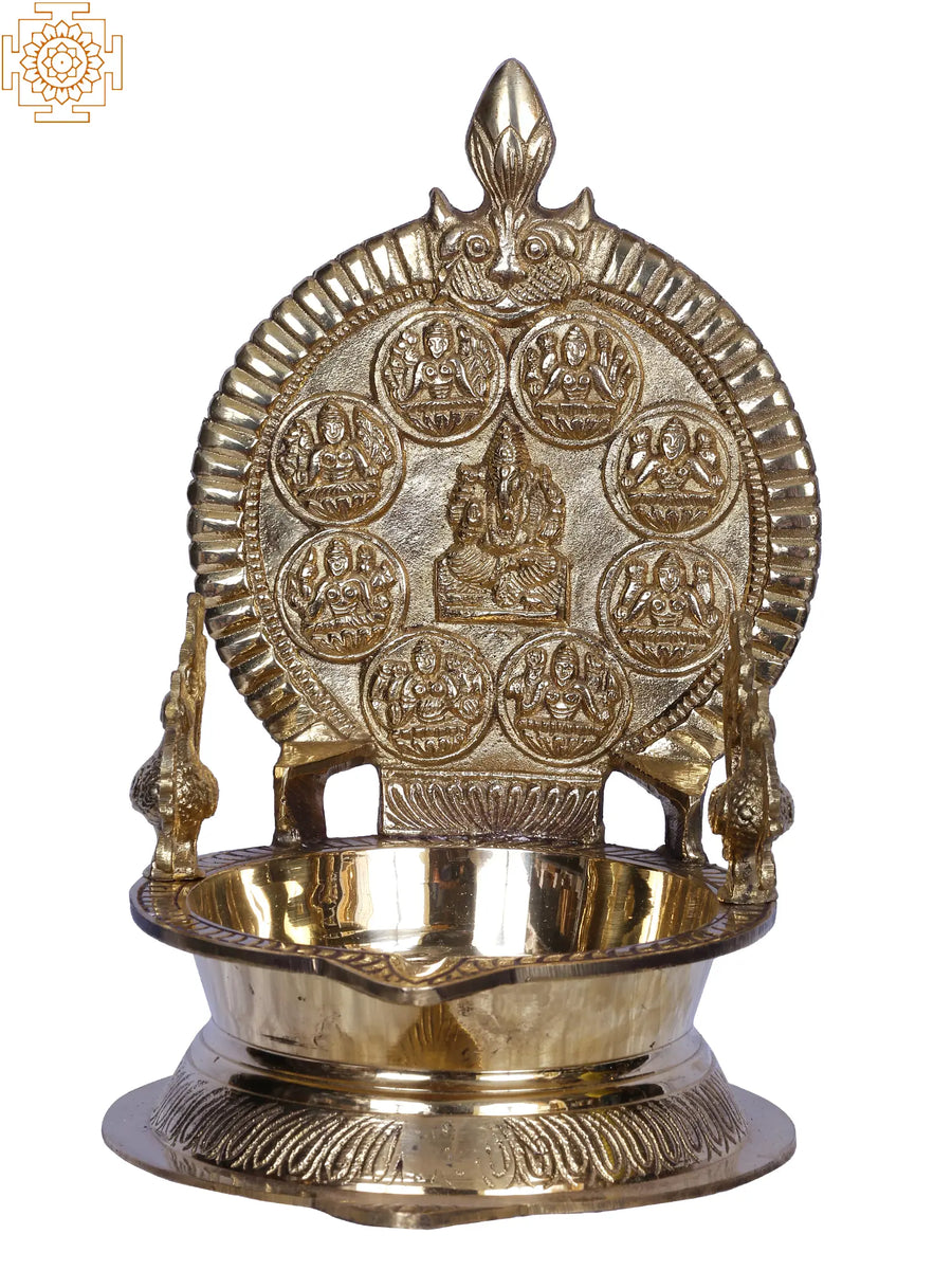 10" Brass Ashtalakshmi Lamp for Pooja Handmade