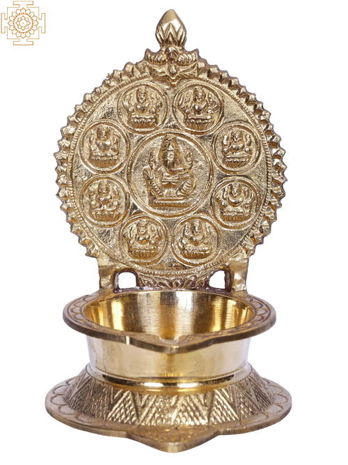 6" Ashtalakshmi Brass Diya Lamp for Pooja