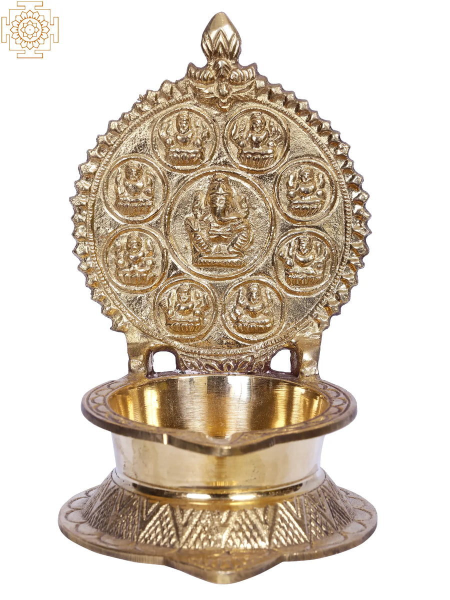 6" Ashtalakshmi Brass Diya Lamp for Pooja