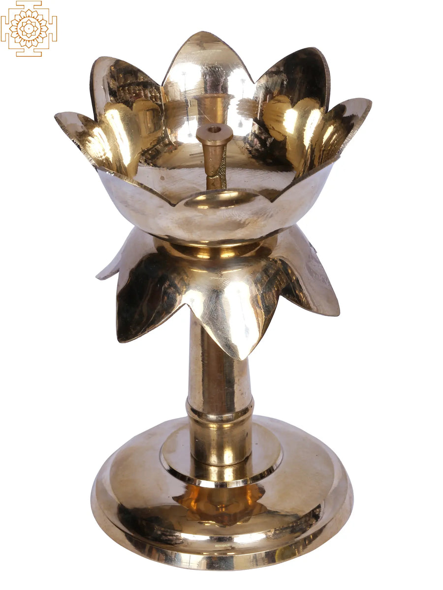 6" Brass Lotus Design Pooja Lamp with Stand