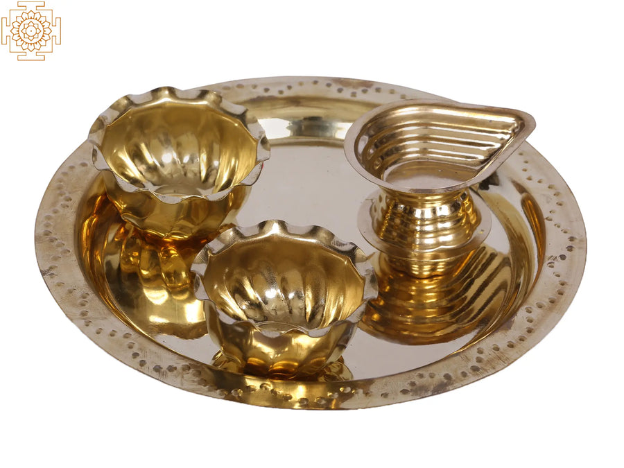 7" Brass Puja Thali with Diya and Bowls for Pooja