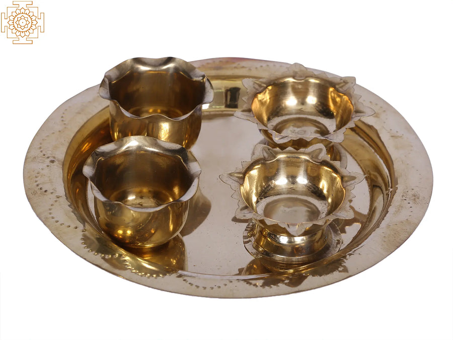 6" Brass Puja Thali with Diyas and Bowls for Pooja