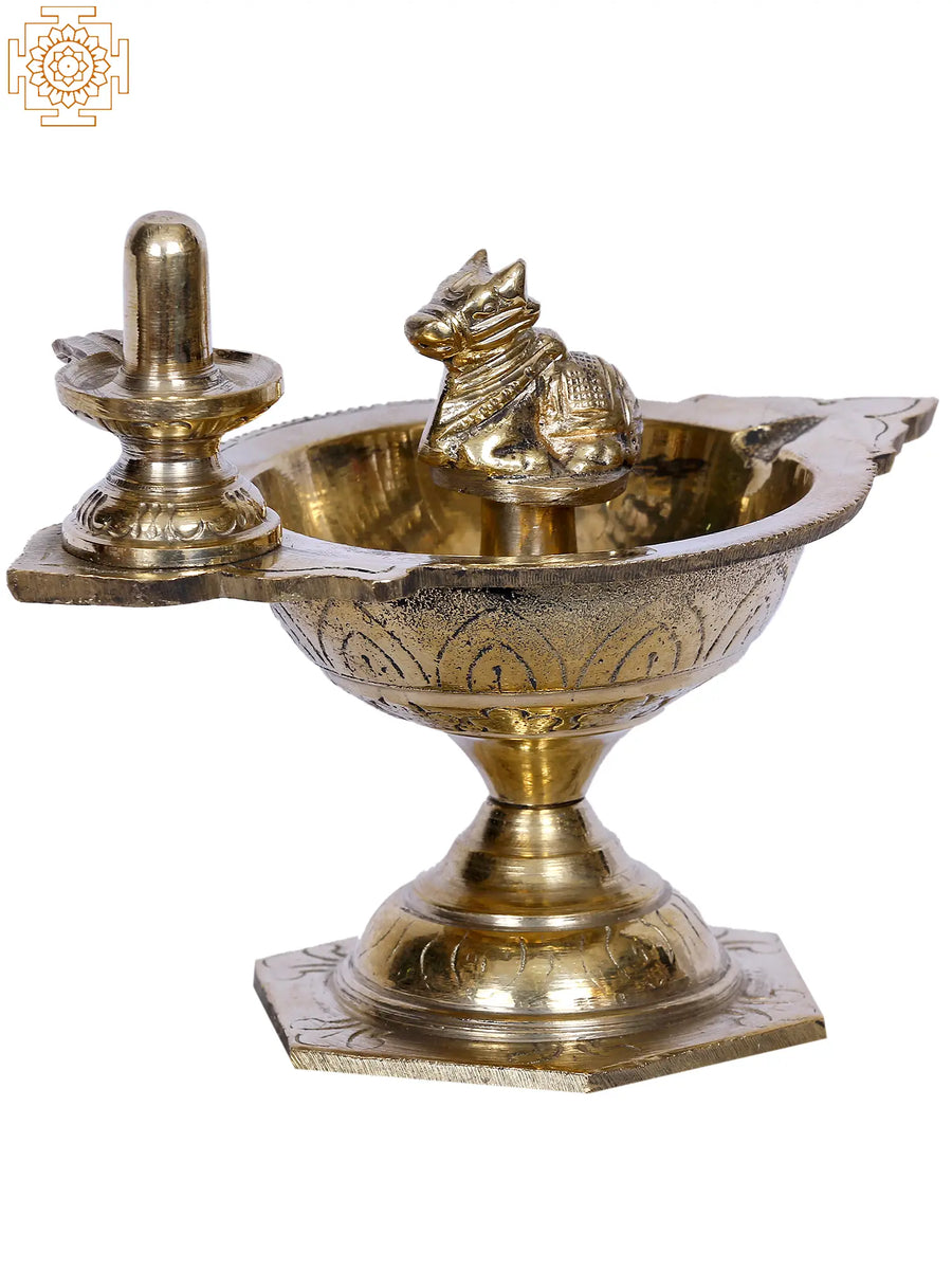 5" Brass Diya with Shiva Linga and Nandi Handmade Idol