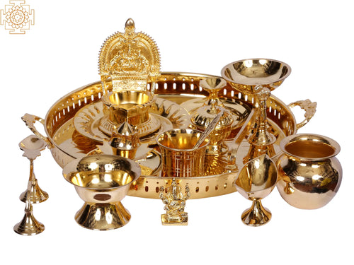13" Brass Pooja Thali Set with 15 Pieces for Home Worship