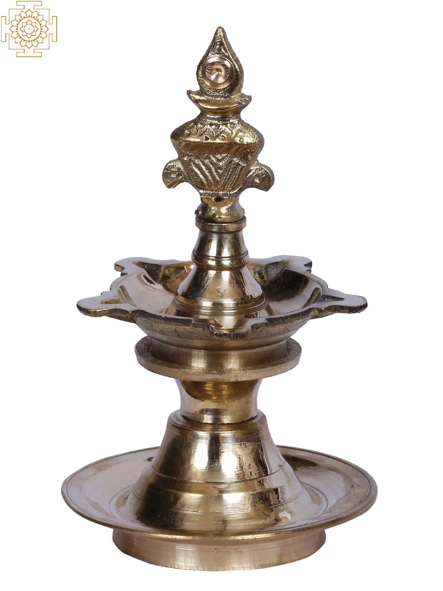 5" Brass Five Wicks Diya Lamp with Kalash for Pooja