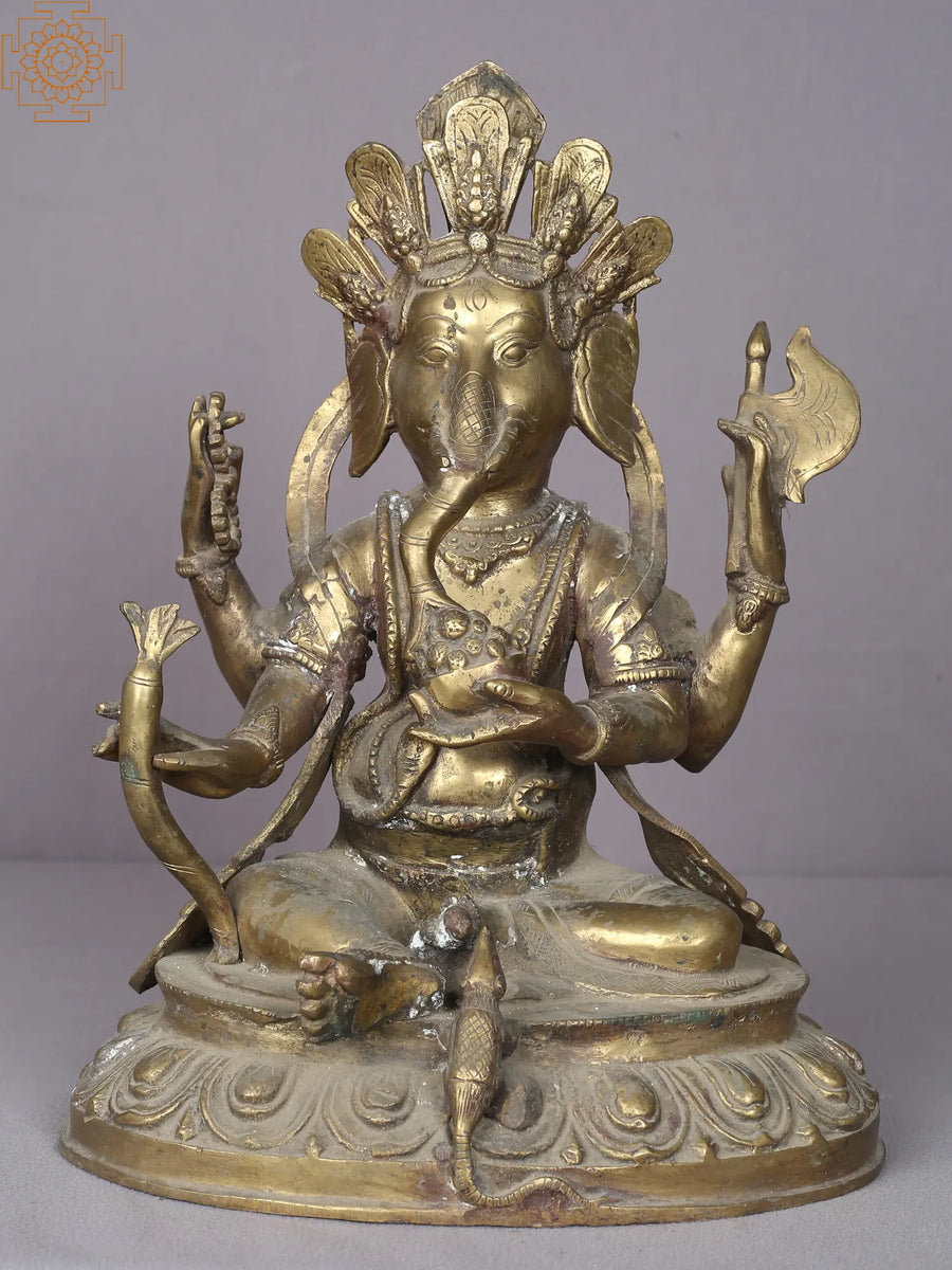 13" Handmade Ganesha Eating Modak Brass Idol from Nepal