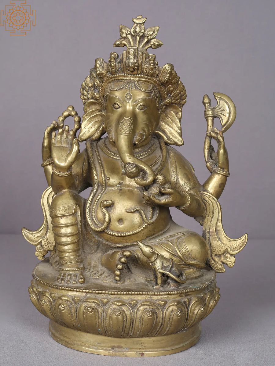 12" Brass Lord Ganesha Statue with Mushak - Handmade