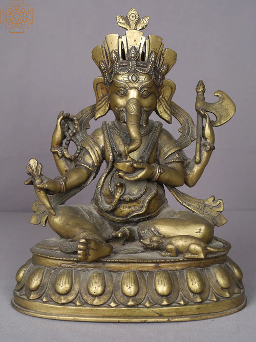 12" Brass Ganesha Idol Sitting Posture Handmade Statue