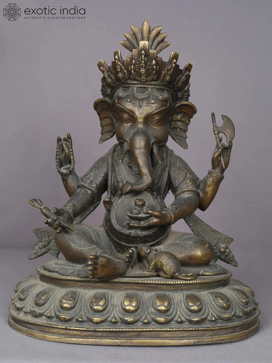 14" Lord Ganesha Sitting Brass Statue Handmade from Nepal