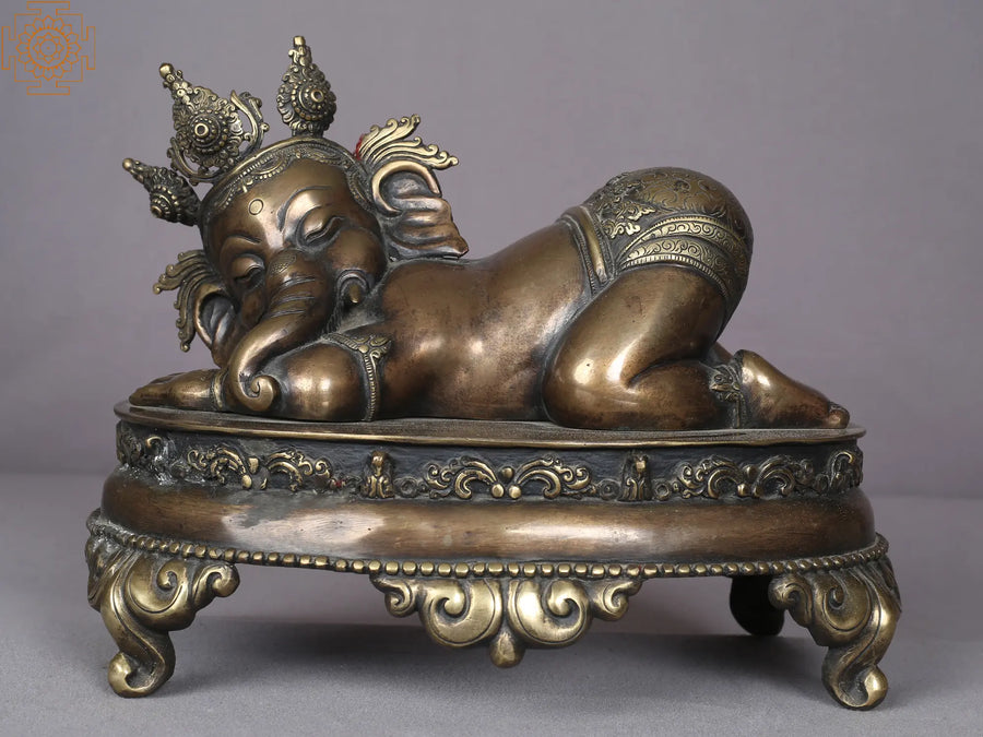 10.5" Sleeping Ganesha Brass Statue Handmade Nepal