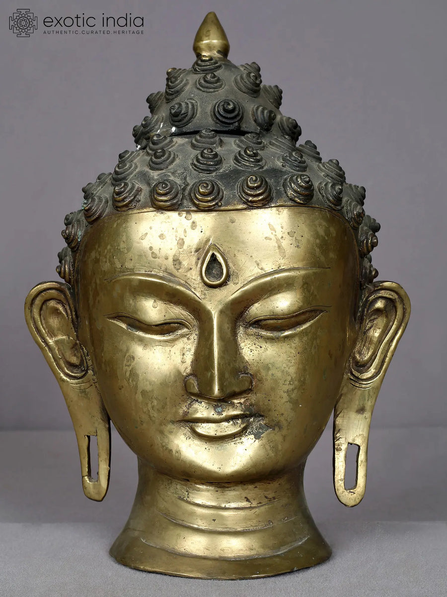 12" Brass Buddha Head Statue with Handmade Finish