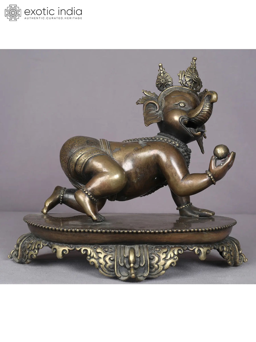 12" Bal Ganesha Eating Modak Handmade Brass Statue