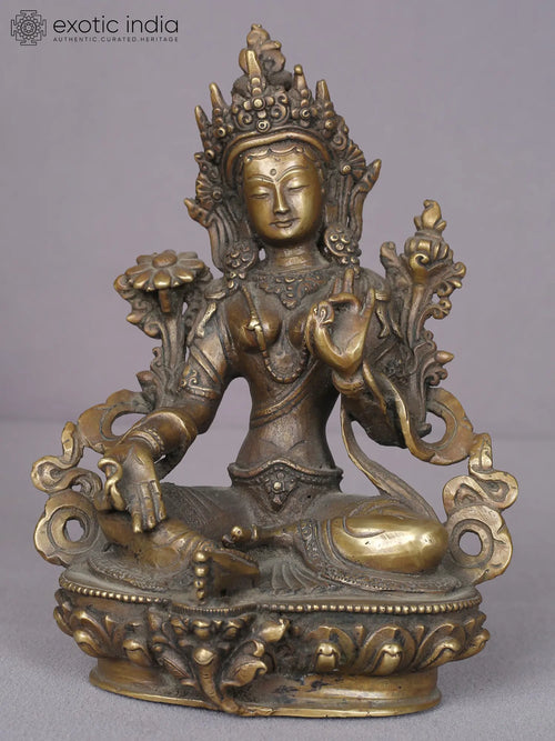 8" Brass Green Tara Goddess Statue Handmade from Nepal