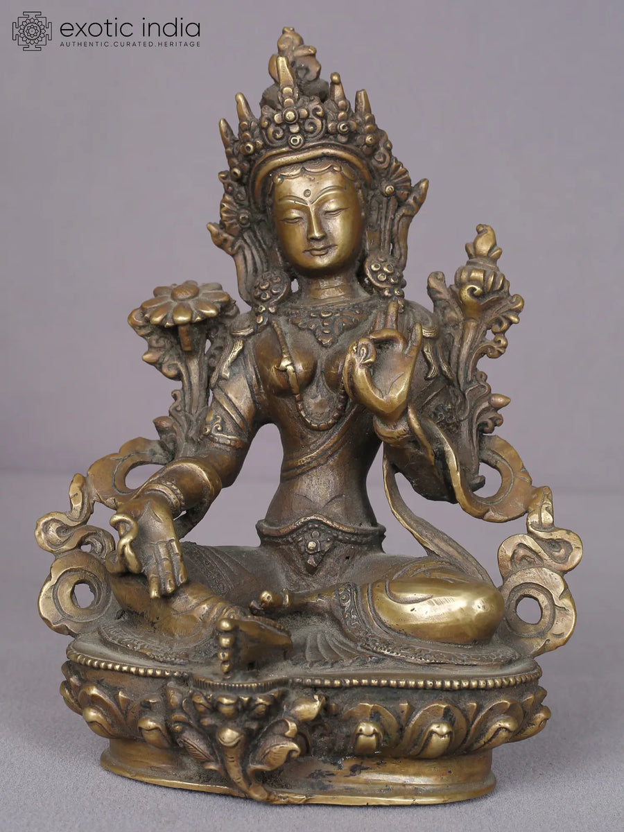 8" Brass Green Tara Goddess Statue Handmade from Nepal