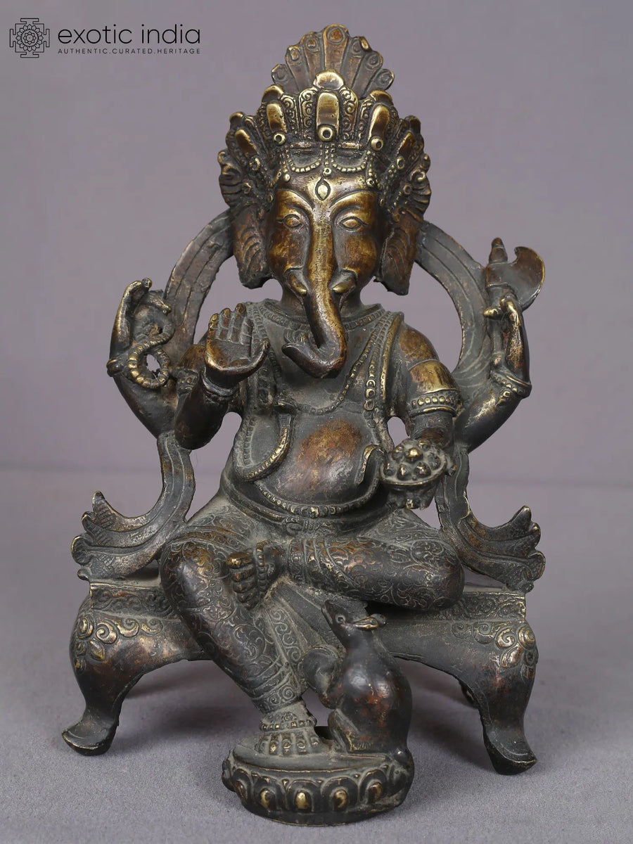 9" Sitting Ganesha Handmade Brass Idol