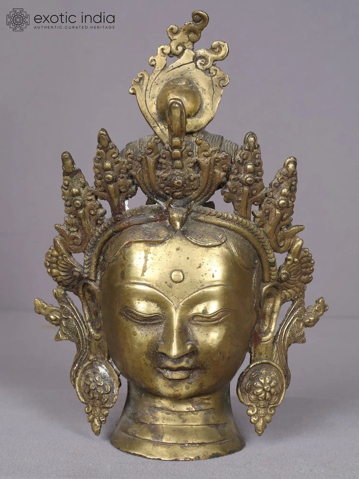 10" Green Tara Brass Idol Head with Crown from Nepal
