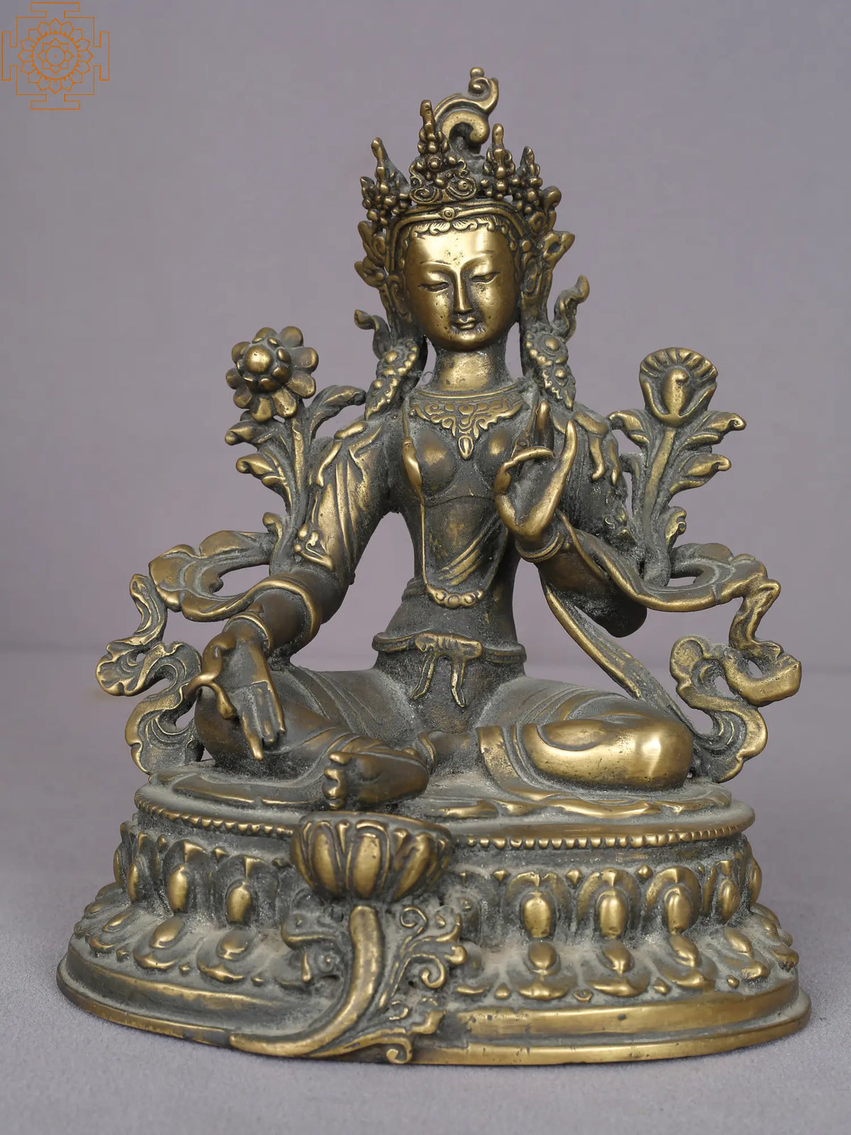 9" Green Tara Brass Statue on Lotus Throne from Nepal