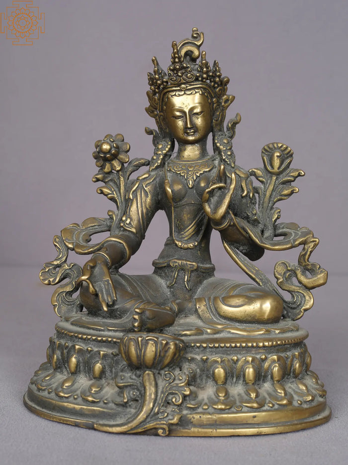 9" Green Tara Brass Statue on Lotus Throne from Nepal