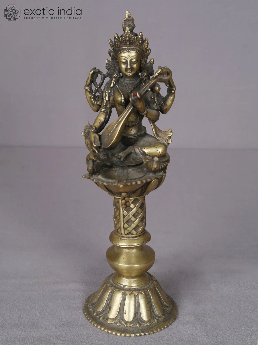 12" Brass Goddess Saraswati Oil Lamp Statue