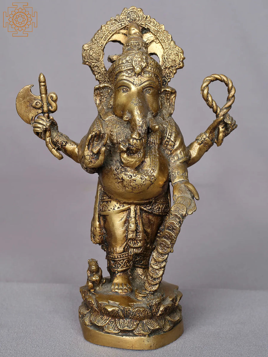 9" Brass Standing Ganesha Statue Handmade from Nepal